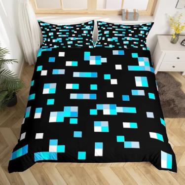Imagem de Castle Fairy Blue Miner Capa de edredom quadrada tamanho casal, conjunto de cama de grade geométrica, 3 peças para decoração de quarto de crianças, adolescentes e adultos, capa de edredom estilo