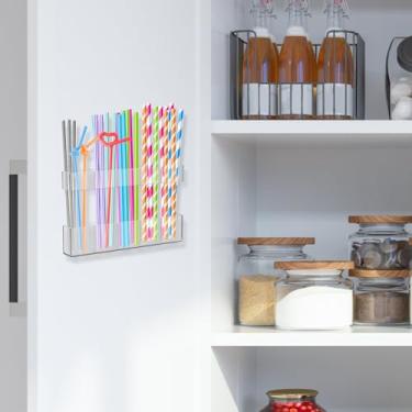 Imagem de Suporte de canudo acrílico para porta de armário com fita dupla face, organizador de canudo de armário, dispensador de canudos, suporte de canudo de acrílico para armários e bancadas de cozinha