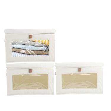 Imagem de blackonvlm 3 peças, recipiente de tecido, grande capacidade, dobrável, organizador de armário com alça reforçada, tecido respirável resistente, janela transparente para suéteres, casacos, camisetas