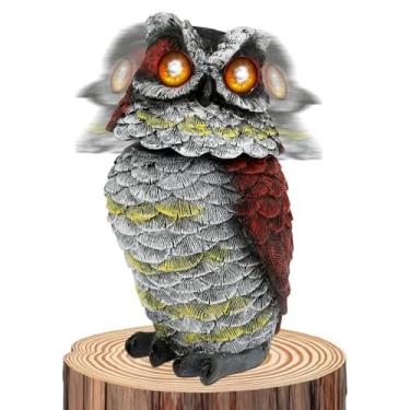 Imagem de Coruja solar com olhos piscando e cabeça rotativa estátua realista de resina de coruja à prova d'água Chamarizes para pássaros longe para pátio quintal varanda gramado (1)