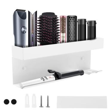 Imagem de Suporte de alumínio para secador de cabelo com compartimento de plugue dedicado, organizador de ferramentas para pentear cabelo engrossado de camada dupla, sem broca ou parafusado na parede, suporte