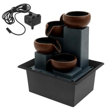 Imagem de DJAPWPX - Fonte de mesa com luz LED Fonte de cachoeira de 4 níveis fonte de mesa calmante fonte de água decorativa fonte de água interior fonte de cachoeira para quarto, escritório em casa