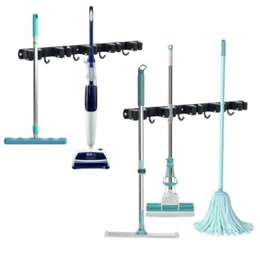 Imagem de Suporte de parede para vassoura, 2 peças, com 5 compartimentos e 4 ganchos, esfregão de aço inoxidável e rack de armazenamento de ferramentas de jardim para banheiro, cozinha, garagem, ao ar livre