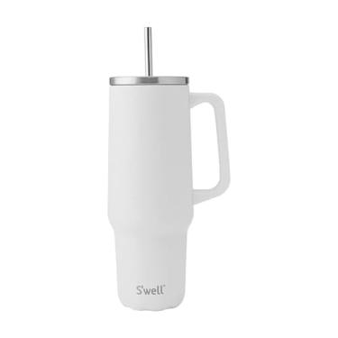 Imagem de S'well Copo de aço inoxidável reciclado XL com canudo e alça, 1,134 g, pedra da lua, recipiente isolado a vácuo de camada tripla mantém as bebidas frias por 50 horas e quentes por 10, livre de BPA