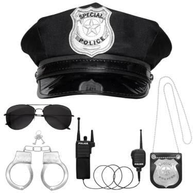 Imagem de Gvhntk Acessórios de fantasia de polícia, chapéu de polícia, algemas, walkie talkies, crachá, óculos de sol para festa temática de policial, dia das bruxas