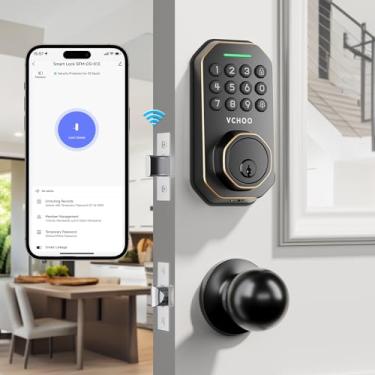 Imagem de VCHOO Fechadura de porta de entrada sem chave com alça conjunto de fechadura de porta frontal Wi-Fi integrada, antiespiar, controle de aplicativo de senha para casas, portas de quarto de hotel com 2