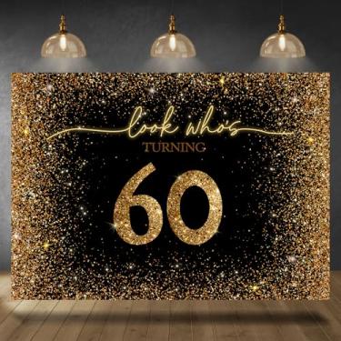Imagem de Rsuuinu Pano de fundo de aniversário de 60 anos preto dourado com glitter, Who's Turning 60, fundo fotográfico, 2,1 x 1,5 m, suprimentos para decoração de festa de sexagésimo aniversário, banner