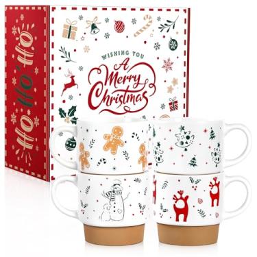 Imagem de QIKSION Conjunto de 4 canecas de Natal de 473 ml, canecas de café grandes, conjunto de caneca de cerâmica de chocolate quente de Natal para família, amigos e colegas