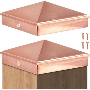 Imagem de Tandefio 2 peças 10 x 10 cm (reais 8,5 x 8,5 cm) tampas de poste de pirâmide de alumínio com revestimento de cobre tampas de decks de pirâmide com parafuso para cerca de madeira de metal corredores de