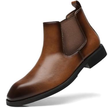 Imagem de SANNAX Chelsea Bota masculina clássica de couro executiva casual vestido bota no tornozelo, Marrom amarelado, 39