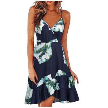 Imagem de Vestido feminino casual estampado com decote em V sem mangas - HUOGUO