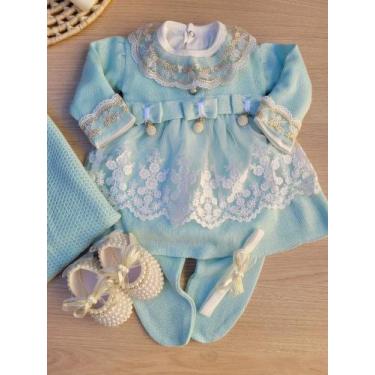 Imagem de Saída de Maternidade Menina Vestido Tricot Luxo com renda 6 Peças - se