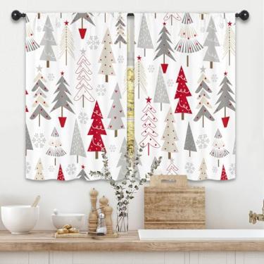 Imagem de Kalmico Cortinas de cozinha de pinheiro de Natal 60 cm L x 99 cm Vermelho Cinza Inverno Natal Feriado Moderno Rod Pocket Short Small Window Treatment Drapes Decor 2 Painéis