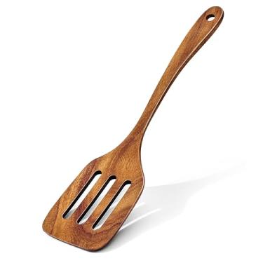 Imagem de Jilla-hla Espátula de madeira de acácia antiaderente com fenda, espátulas de fritura de cabo longo feitas à mão para presentes de cozinha, utensílios de cozinha ideais para cozinhar ovos, peixes