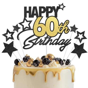 Imagem de Enfeite de bolo de feliz aniversário de 60 anos, decorações de bolo de 60 anos, decorações de bolo de festa de feliz aniversário de 60 anos para homens e mulheres, ouro preto
