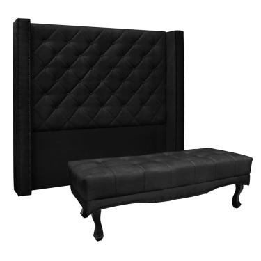Imagem de Cabeceira Cama Box Queen 160cm e Recamier Vicenza Suede Preto S04 - D'Rossi