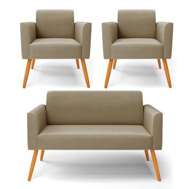 Imagem de Sofá Namoradeira com 2 Poltronas Pés Palito Castanho Marisa Suede Marrom Rato D03 - D?Rossi