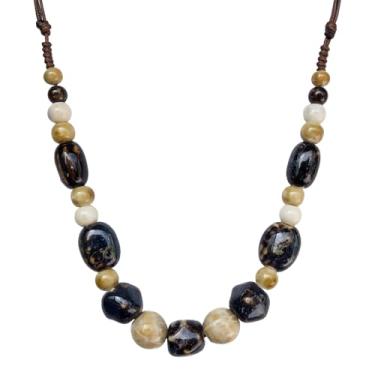 Imagem de Zlanderah Colar Boho grosso para mulheres, colar de cerâmica marrom e branco com contas mistas, joias hippie feitas à mão, presentes