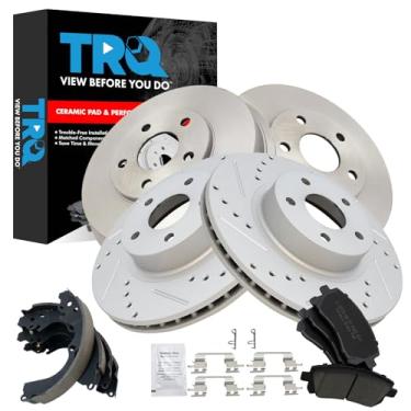 Imagem de TRQ Pastilha de freio e rotor, sapata e tambor Premium G-Coated Slotted X Drilled Ceramic Performance Compatível com Subaru Forester 1998-2002 Legacy 1996-1999