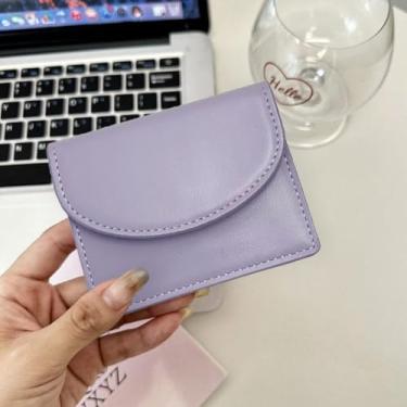 Imagem de Carteira feminina, porta-cartão de couro, porta-cartão de crédito simples, caixa de cartão de visita, bolso compacto para moedas, Roxa, Elegante
