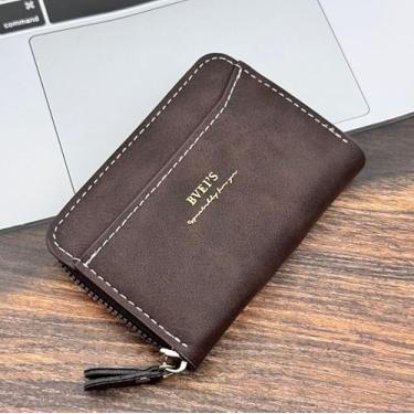 Imagem de Carteira minimalista com porta-cartões de crédito – Bolsa fina de couro com zíper e mini protetor de cartão, Marrom escuro, Bolsa casual para moedas