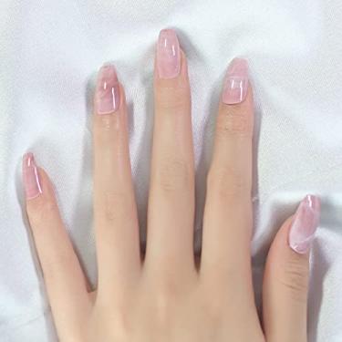 Imagem de Kit de decoração de unhas de acrílico para prensa de unhas, pontas de unhas postiças de caixão médio em mármore rosa, inclui 1 conjunto de pregos, 1 mini lima, 1 adesivo de unha, 1 bastão de madeira