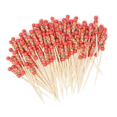 Imagem de 100 palitos de frutas, aperitivos de corda vermelha, palitos de bambu fofos, palitos de coquetel de bambu, palitos de dente para festivais de Natal, festas de casamento