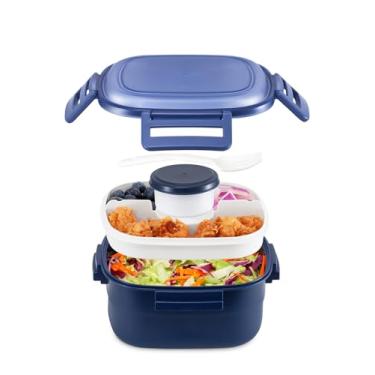 Imagem de Recipiente de salada para almoço - Tigela de salada de 1,59 g com bandeja estilo bento de 4 compartimentos, caixa de molho de 85 g, garfo reutilizável e sem BPA, lancheira para preparação de refeições