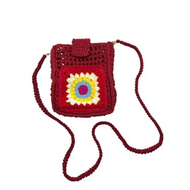 Imagem de Bolsa de ombro de crochê feita à mão – Bolsa transversal pequena com quadrado de flores coloridas – 20 x 15 x 5 cm