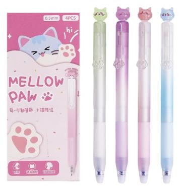 Imagem de MOZXIRZ 4 canetas de gel apagáveis fofas de gato, canetas retráteis, desenho animado, gatinho, caneta apagável de 0,5 mm, caneta de escrita de tinta azul para mulheres, meninas, meninos, material