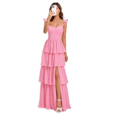 Imagem de Vestido de dama de honra Dessiny Hot Pink Aline Tiered Chiffon 2025