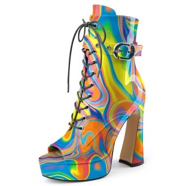 Imagem de Botas femininas pretas de cano baixo, plataforma com cadarço, salto alto, bico aberto, com zíper lateral e fivela de alça para mulheres, sexy, fofa, Patente arco-íris, 37 BR