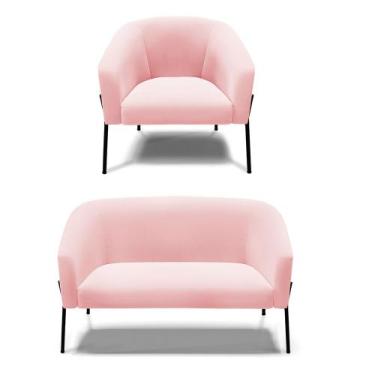 Imagem de Sofá Namoradeira e Poltrona Pé de Ferro Preto Stella Suede Rosa Bebê D