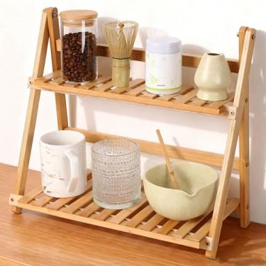 Imagem de Organizador de estação de café, estação Matcha, suporte de caneca de bambu dobrável para bancada, acessórios de bar de chá e café, prateleira de 2 camadas para organizador de balcão de cozinha