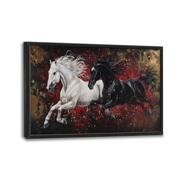 Imagem de Arte de parede de cavalo, decoração de parede com imagens de cavalos brancos e pretos, animais com tema equino, pintura impressa em tela, grande e moderna, arte emoldurada para sala de estar, quarto