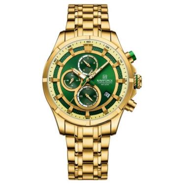 Imagem de Relógio Masculino De Luxo Negócios Luminoso à Prova D´agua Pulseira Aço Inoxidável Verde Dourado