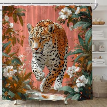Imagem de Cortina de chuveiro leopardo tropical selva guepardo animal vida selvagem floral tigre rosa boho estética moderna conjunto de cortina de banheiro com ganchos