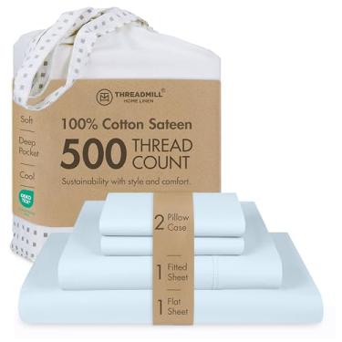 Imagem de Threadmill Jogo de lençol Queen de algodão, lençóis de 500 fios, conjunto de lençóis 100% algodão para cama queen size, mais suave do que as reivindicações de algodão egípcio, conjunto de 4 peças com