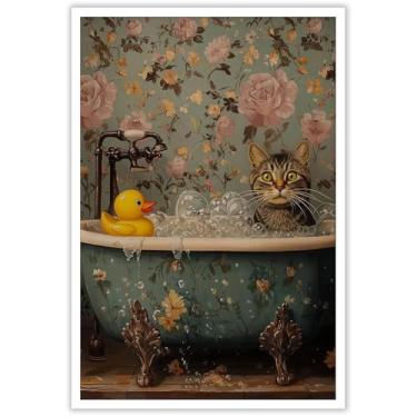 Imagem de Gato malhado cinza com pato de borracha na banheira pôsteres bonito felino banho bolha tela arte de parede flores preppy banheiro impressões estéticas pintura para casa quarto dormitório decoração de