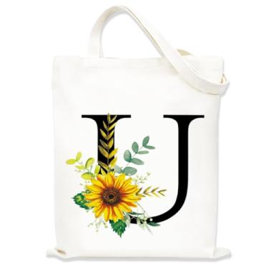 Imagem de Sacolas de lona estampadas para mulheres, sacolas de compras de lona, sacola de compras reutilizável para viagens, compras, trabalho, academia - Letra U