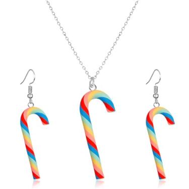 Imagem de QLYOVWE Lindo conjunto de colar de brincos de pirulito arco-íris para mulheres, brincos feitos à mão com gotas de argila doce e doces engraçados, simulação de cores, colar de comida fashion para