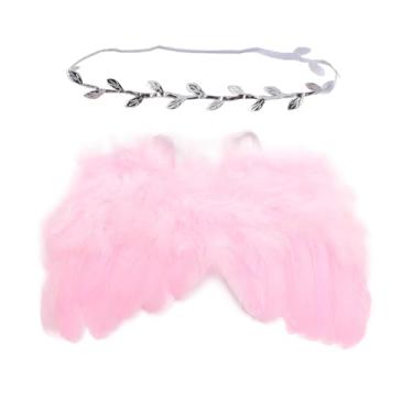 Imagem de Qiansail Fantasia de asa de anjo de fada para bebês recém-nascidos com asa de penas de princesa com faixa de cabeça branca adereços de fotografia para aniversário (pinik claro)