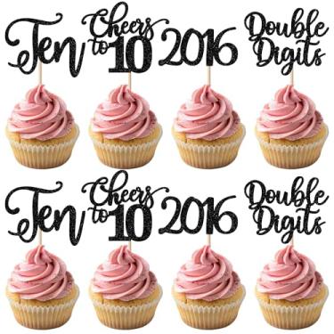 Imagem de 24 Pack 10th Birthday Cupcake Toppers Glitter Straight Outta 2016 Ten Cupcake Picks Double Digits Cheers to 10 Cake Decorations for 10th Birthday Wedding Anniversary Party Supplies Black