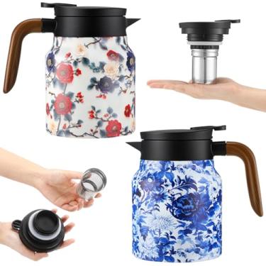 Imagem de LemonRoad 2 bule de chá vintage com estampa floral, bule de chá vintage com infusor, bule de chá de padrão floral com tampa, garrafa térmica de cabo de madeira para bebidas quentes, café (porcelana