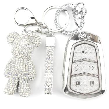 Imagem de Rayslesan Linda capa de chaveiro com pingente de urso de strass, capa inteligente de TPU brilhante para mulheres, compatível com Cadillac ATS ATS-V CTS CT6 XT4 XT5 XT6 XTS SRX (5 botões, prata)