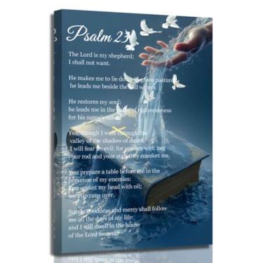 Imagem de ZSHARTSWD Salmo 23 arte de parede versículo bíblico imagem escritura impressão em tela pomba da paz e pintura cruz arte cristã religiosa igreja oração decoração emoldurada (azul, 60 cm C x 40.6 cm)