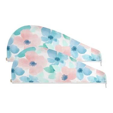 Imagem de SEHANY Toalha de cabelo de microfibra de flores coloridas elegantes para mulheres, 2 peças, turbantes de cabelo de secagem rápida com botão, touca de cabelo seco absorvente toalha de secagem de cabelo