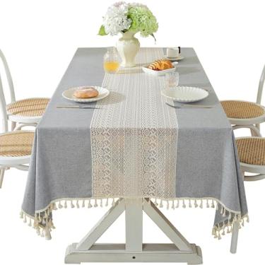 Imagem de Qubjus Toalha de mesa retangular de tecido de poliéster de mistura de algodão de linho com borlas minimalista, elegante, toalha de mesa durável para jantar de fazenda, decoração de casamento (cinza 2