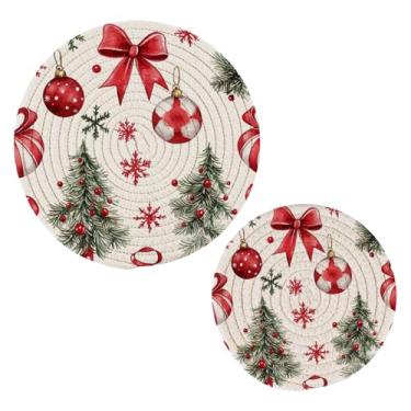 Imagem de Blueangle 2 peças de suporte de panela com laços vermelhos - conjunto de pegadores de panela de tecido redondo - almofadas quentes trançadas de algodão - porta-copos - tapetes de mesa para cozinhar e