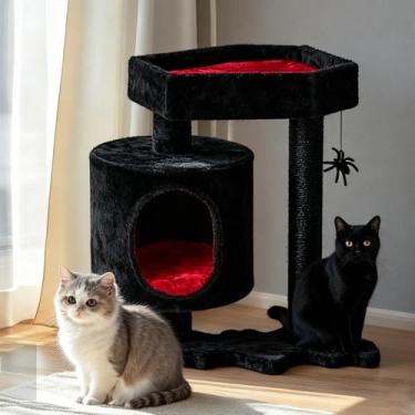 Imagem de BEWISHOME Torre de árvore para gatos, árvore gótica para gatos com cama de caixão, casa gótica de Halloween para gatos com postes para arranhar, brinquedo de aranha, condomínio para gatos, preto e
